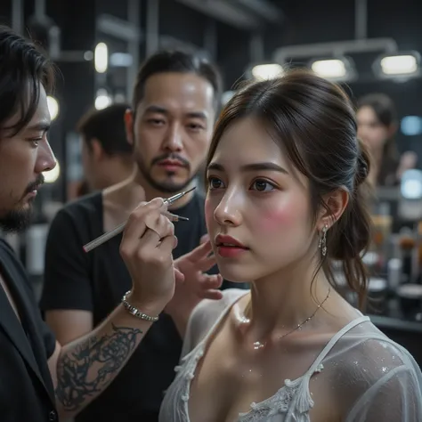 Inside a special effects makeup studio. Illuminated by soft white light, a man sits in a makeup chair. A makeup artist focuses o...