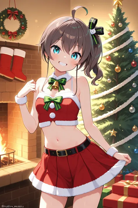 Hololive,Natsuiro Matsuri, Christmas costume, she's really enjoying Christmas, a Christmas tree with brilliant illuminations