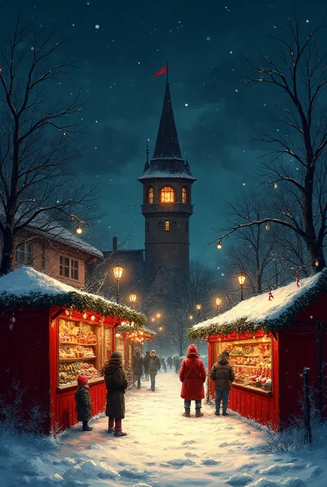 Generate a drawing, that would remind you of Christmas winter fantasy. In its background you must see a tower with a lantern a s...