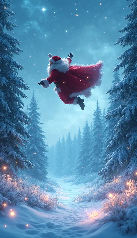 Santa soaring above a snowy forest filled with bioluminescent winter flowers. The ground glows softly, reflecting the shimmering...