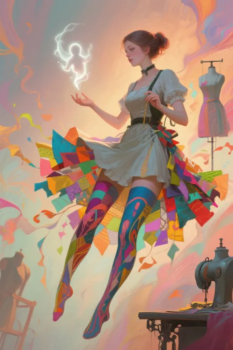 Fantastic tailor. My soul is floating in the air. A seamstress is making human-shaped full body tights from colorful fabric scra...