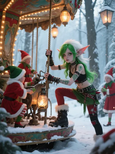 A pixie girl looking like Christmas punk, Green-haired and white-haired, repairs the carousel with the help of old Christmas elv...