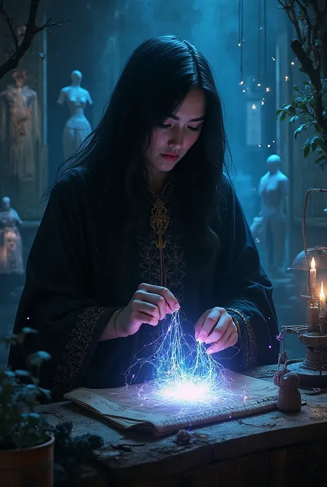 Soul Tailor — a mystical artisan who stitches souls instead of fabric, working in a dimly lit ethereal workshop filled with floa...