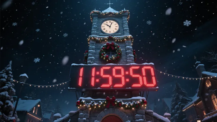 A towering digital clock tower in the center of Christmas Town on a snowy winter night. The large digital display clearly shows ...