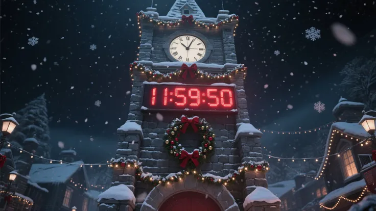 A towering digital clock tower in the center of Christmas Town on a snowy winter night. The large digital display clearly shows ...