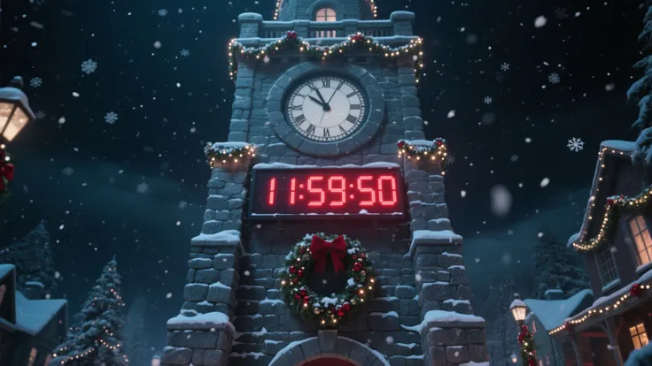 A towering digital clock tower in the center of Christmas Town on a snowy winter night. The large digital display clearly shows ...