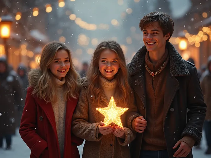 1920x1080. Show two very beautiful Ukrainian girls and one handsome Ukrainian young man walking together in a joyful vertep proc...