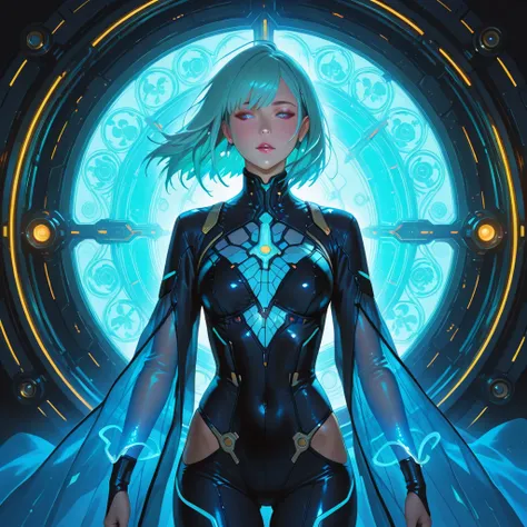 A soul tailor wearing a biomechanical bodysuit mending a broken soul with glowing threads of memory and emotion, cowboy shot com...