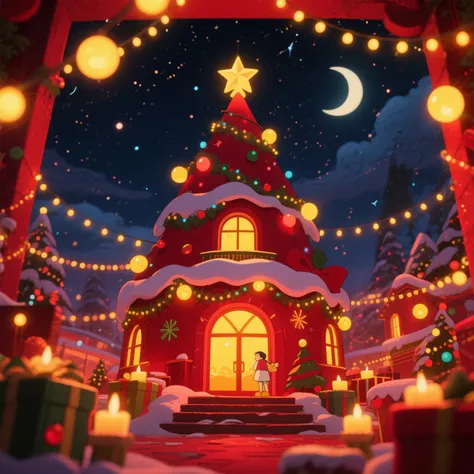 A night sky design with a rich red and yellow color scheme, giving a premium gaming feel. Studio Ghibli style. Christmas Vibe 
