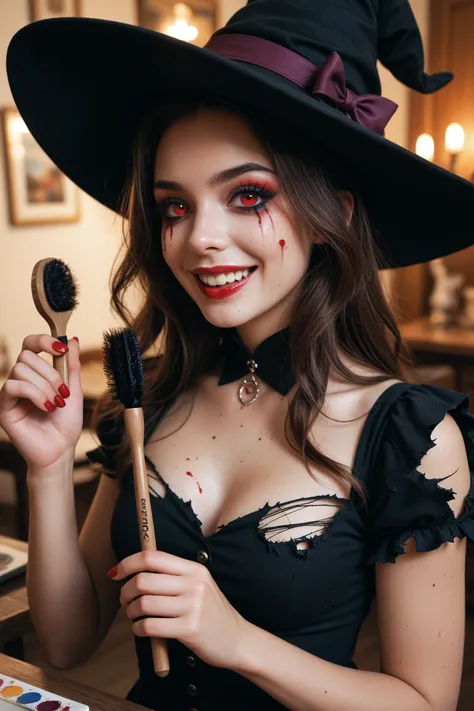 girl gets witch makeup, bloody eyes , torn dress,red pupils are visible ,happy girl paints her with brushes