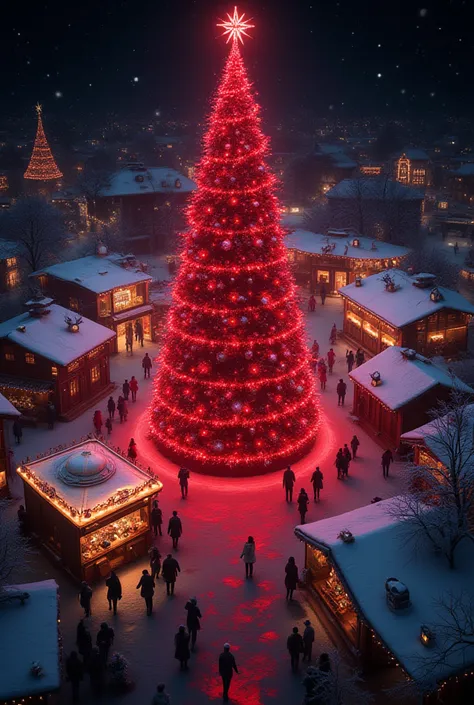 Ultra-high-resolution bird's-eye view of a “Red One” -inspired Christmas market at night, razor-sharp and full of the finest det...
