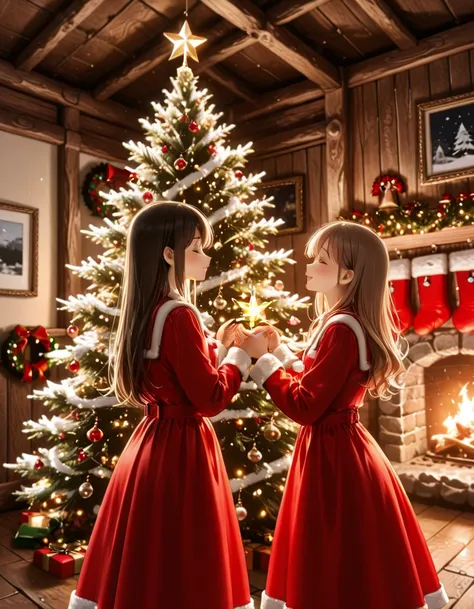 2 girls in Christmas dress, placing ornaments on the Christmas tree, rustic cabin