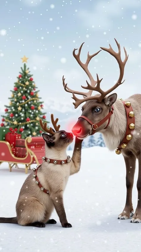 A whimsical Christmas scene featuring a Siamese cat and a reindeer in a snowy environment. The cat, seated on its haunches, wear...
