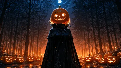 Female character, upper body close-up, half pumpkin mask, Halloween-Thema, Gotischer Stil, detailed orange lanterns, dark forest...