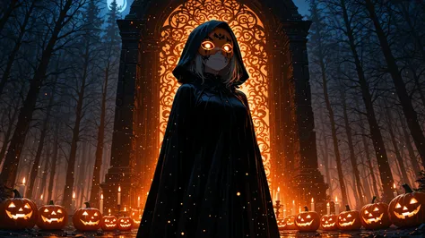 Female character, upper body close-up, half pumpkin mask, Halloween-Thema, Gotischer Stil, detailed orange lanterns, dark forest...