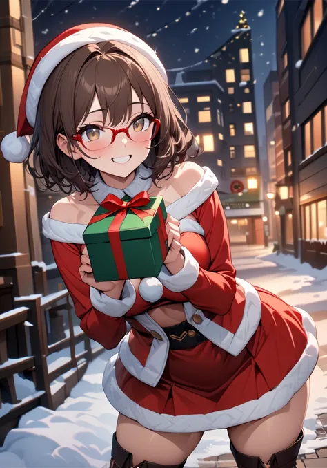 Masterpiece, solo, 1 girl, 18 years old, glasses, short hair, wavy hair, dark brown hair, average_breasts, Dressed in a Christma...