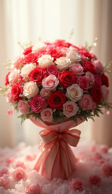 High Quality, Ultra HD 8K, A bouquet of 200 rose buds in a beautiful bouquet tied with a bow, wrapping paper bouquets as a gift....