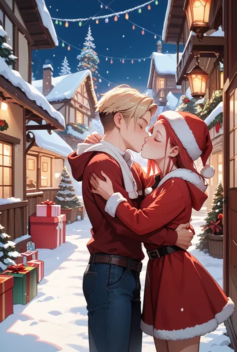 1girl,1boy,Christmas town,illumination,lovers,kiss and hug,snow powder,present box,happiness