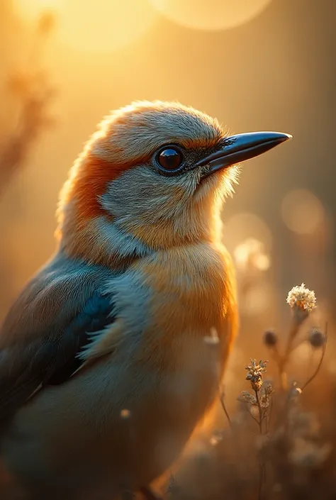 A mesmerizing close-up portrait of a gorgeous little bird illuminated by the soft, golden light of a tranquil morning, with vibr...