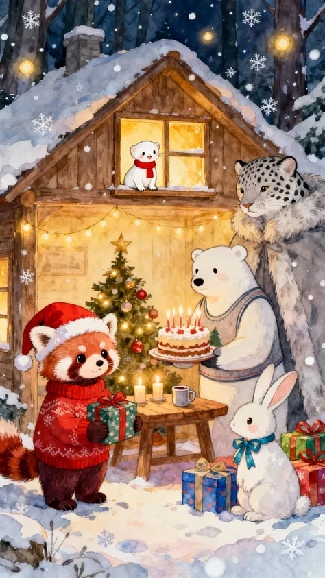 A warm and gentle storybook-style Christmas illustration set in a snowy forest at night.
A small wooden cabin glows with soft go...