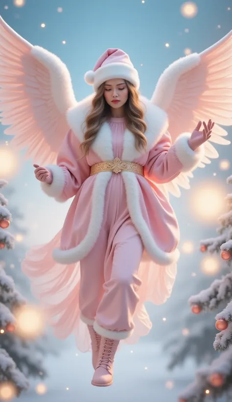(masterpiece),(best quality:1.0), (ultra highres,), (ultra realistic), A graceful woman wearing a pastel pink Santa Claus outfit...