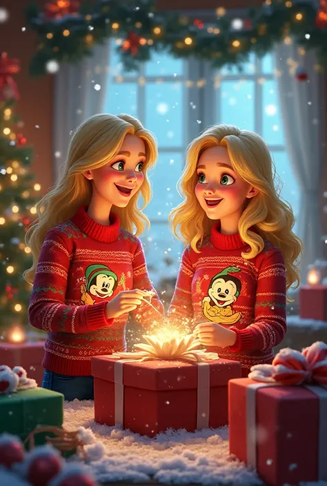 Visualize a whimsical Christmas party scene, where two animated blonde moms, both radiating joy, are immersed in the excitement ...