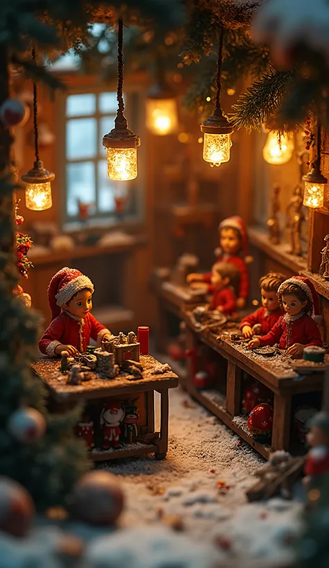 Miniature Christmas toy workshop with tiny elves working at wooden tables, toy soldiers, drums and dolls scattered around, warm ...