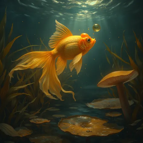 A highly detailed digital painting in a dark fantasy underwater style, featuring a single luminous golden goldfish glowing with ...