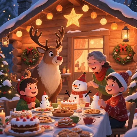 In front of a wooden cabin、reindeer preparing Christmas dinner with family。star lanterns and wreaths are displayed、child reindee...