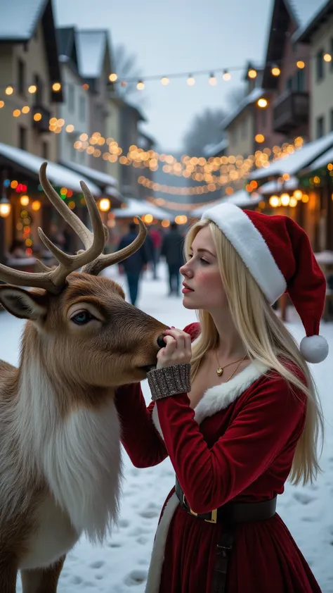 a reindeer with a red nose being caressed by a blonde woman, dressed as Santa Claus, Hyperrealistic photo, snowy town, dramatic ...