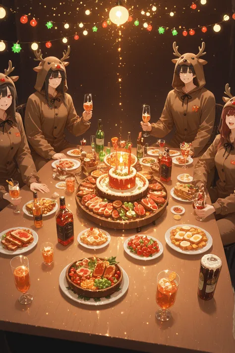 reindeer costume raising drink glass,
long table filled with food and snacks,
string lights overhead, red and green decorations,...