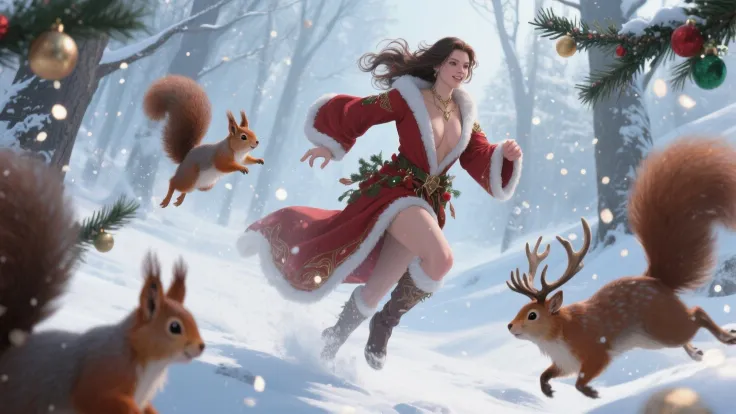 (masterpiece:1.2), epic fantasy action, hottie with an open neckline and Christmas robe rushes through the snowy forest, around ...