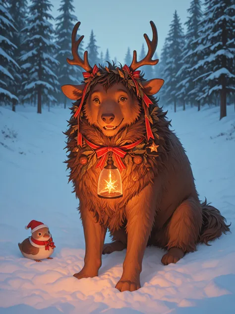 enchanting Christmas scene in a winter forest, showing small animals celebrating Christmas. Esquilos, coelhos, how hedgehogs and...