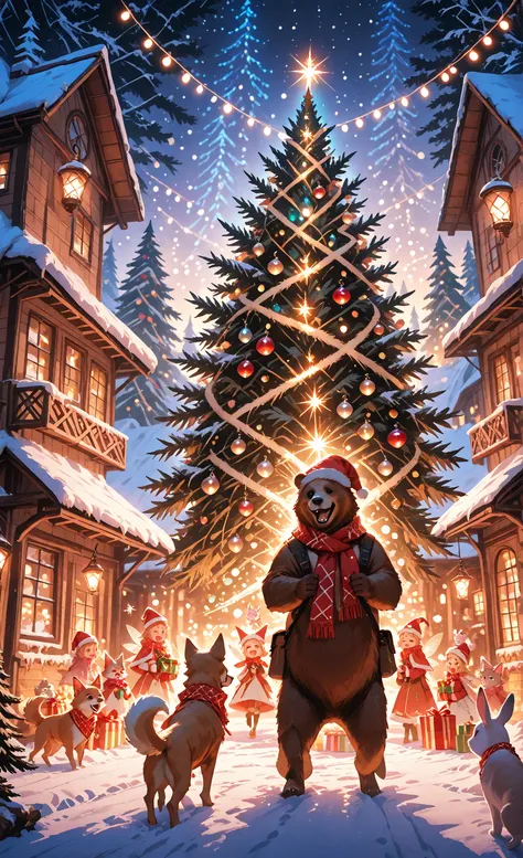 “Fantasy animation style, animals celebrate Christmas together in a magical winter village, cute and expressive animals (fox, ra...
