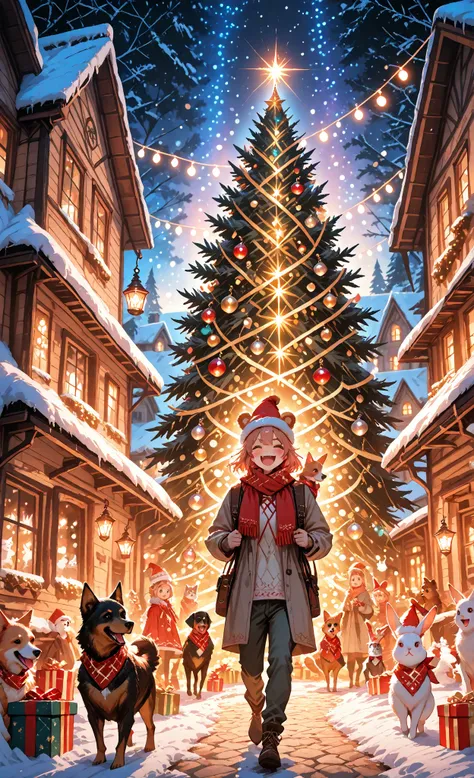 “Fantasy animation style, animals celebrate Christmas together in a magical winter village, cute and expressive animals (fox, ra...