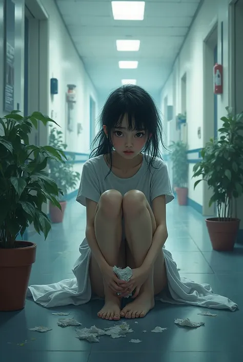 The girl is sitting in the hospital near the patient's room and waiting for news from the doctor