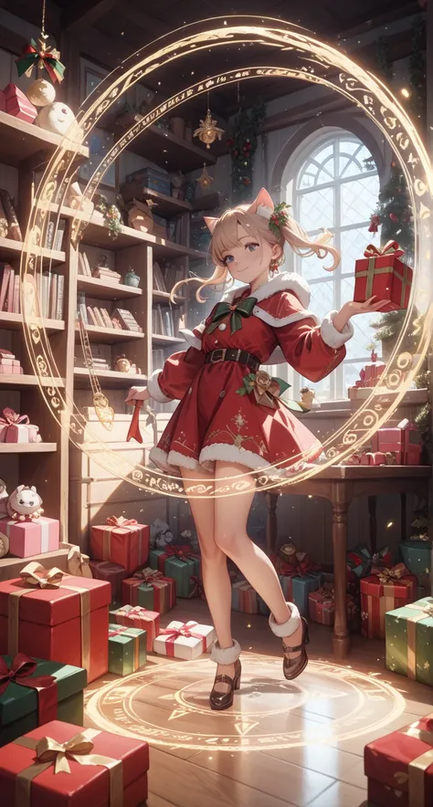 Anime style fantasy illustration of a wizard cat creating Christmas gifts in a magical workshop,
floating wrapped presents, glow...