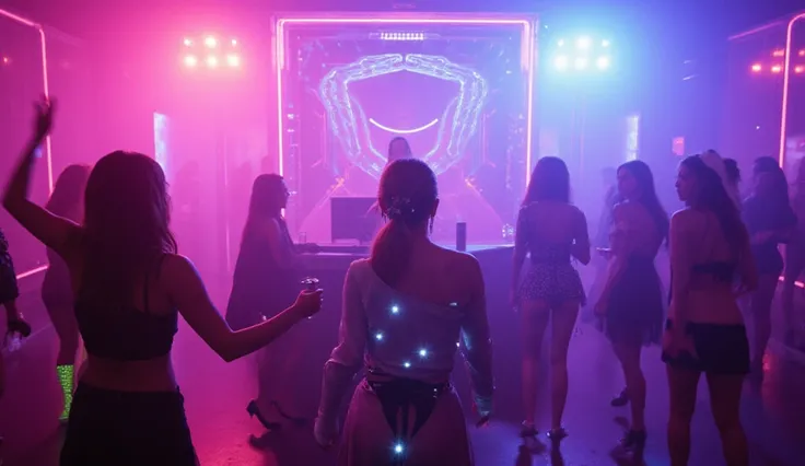 Create a cinematic 16:9 image of a high-energy futuristic nightclub, filled with young, fashionable women dancing to pounding ED...