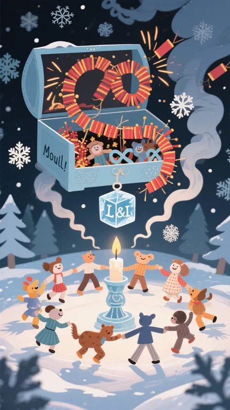 papertoll style, open chest again, toys and animals jumping out in round dance. Spiral in firecracker smoke, ice cube among snow...