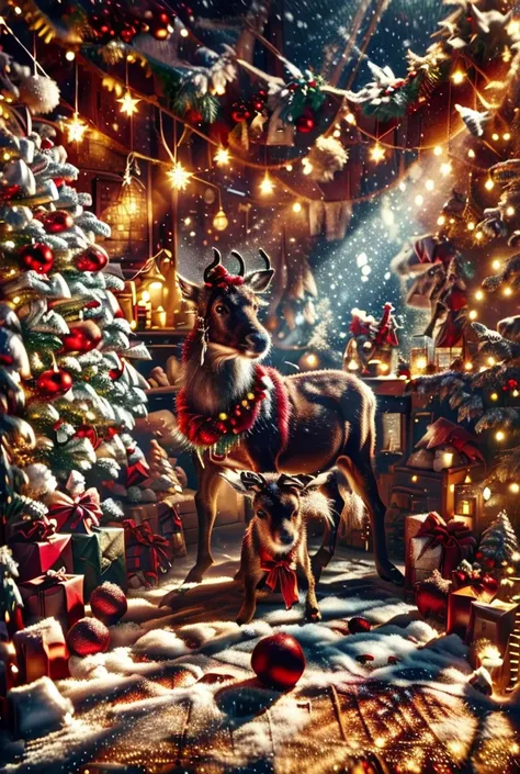 Obra maestra, máxima calidad, ultra HD, animals in christmas, detailed scene, cute animals, santa's workshop, reindeer, snow, ch...