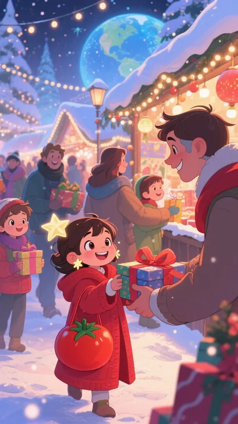 visiting the Christmas market、People of Earth々and handing out presents by smiling。soft red robe、Tomato-shaped bag、Little shootin...