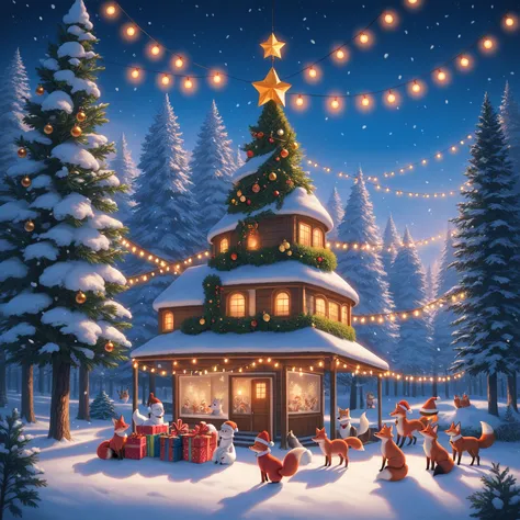 score_9, score_8_up, score_7_up, source_anime, group of forest animals, foxes, hedgehogs, badgers, all wearing Santa hats, Chris...