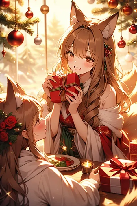 Women with fox traits gather、full of lively conversation and smiles、I'm  I'm celebrating Christmas  。decorated with glittering o...
