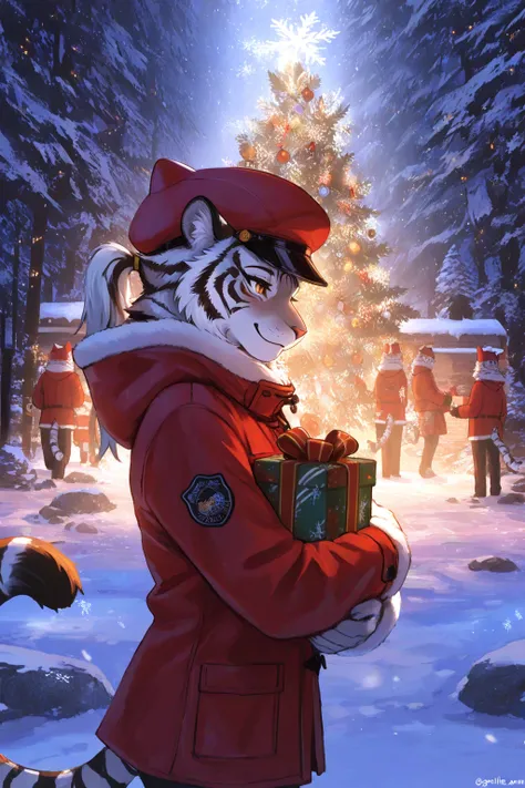 masterpiece, best quality, ultra-detailed, anime style, heartwarming Christmas scene in a zoo enclosure, young cheerful female z...