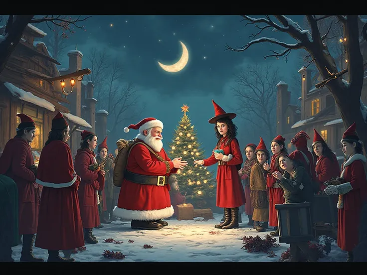 /imagine prompt  The Halloween Witch secretly enters Santa’s workshop on her flying broom and casts a fear spell on the elves. T...