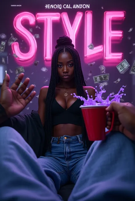 Trap style musical album cover / hip-hop. First-person scene, as if the camera were the point of view of a man sitting, with her...