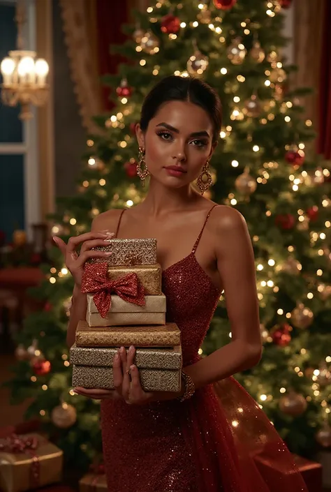 Model with a Christmas tree in the background with gifts in her hands