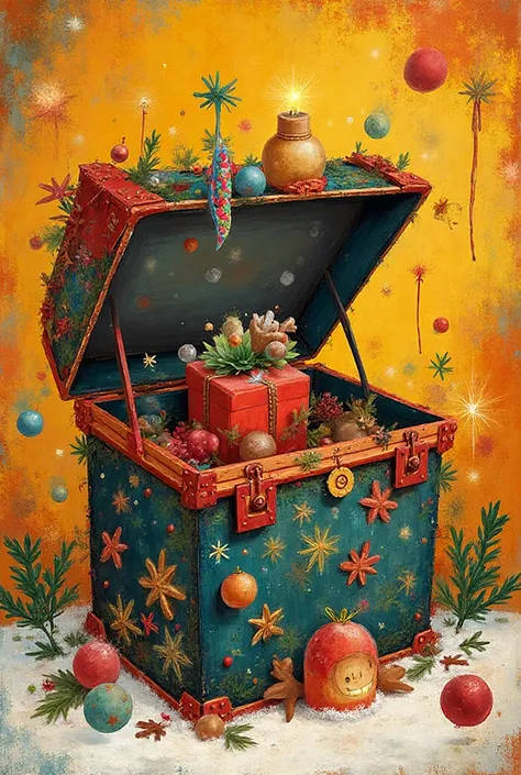 Create an image of a Christmas trunk as if it were drawn by Eric Carle author of The Very Hungry Caterpillar