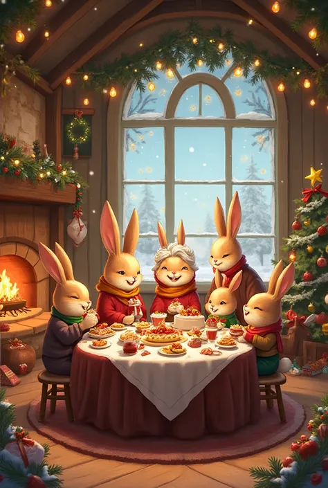 cartoon image, a wooden house where a family of rabbits: padre, madre, nonni e figli, Celebrating Christmas. A fire burning in t...