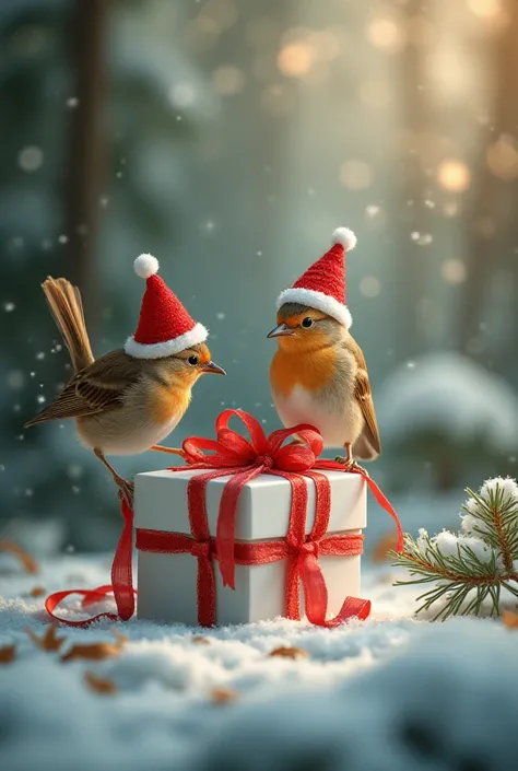 (top quality,8K Wallpaper), masterpiece, Picture, Realistic, real atmosphere, Forest Scenery, Little birds, wear little Santa ha...
